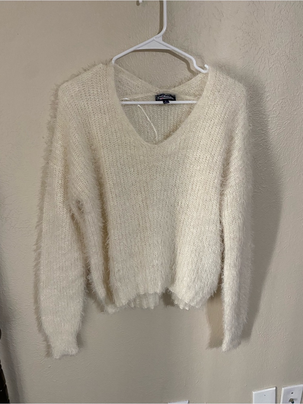 Freshman Ivory V-Neck Fuzzy Sweater
